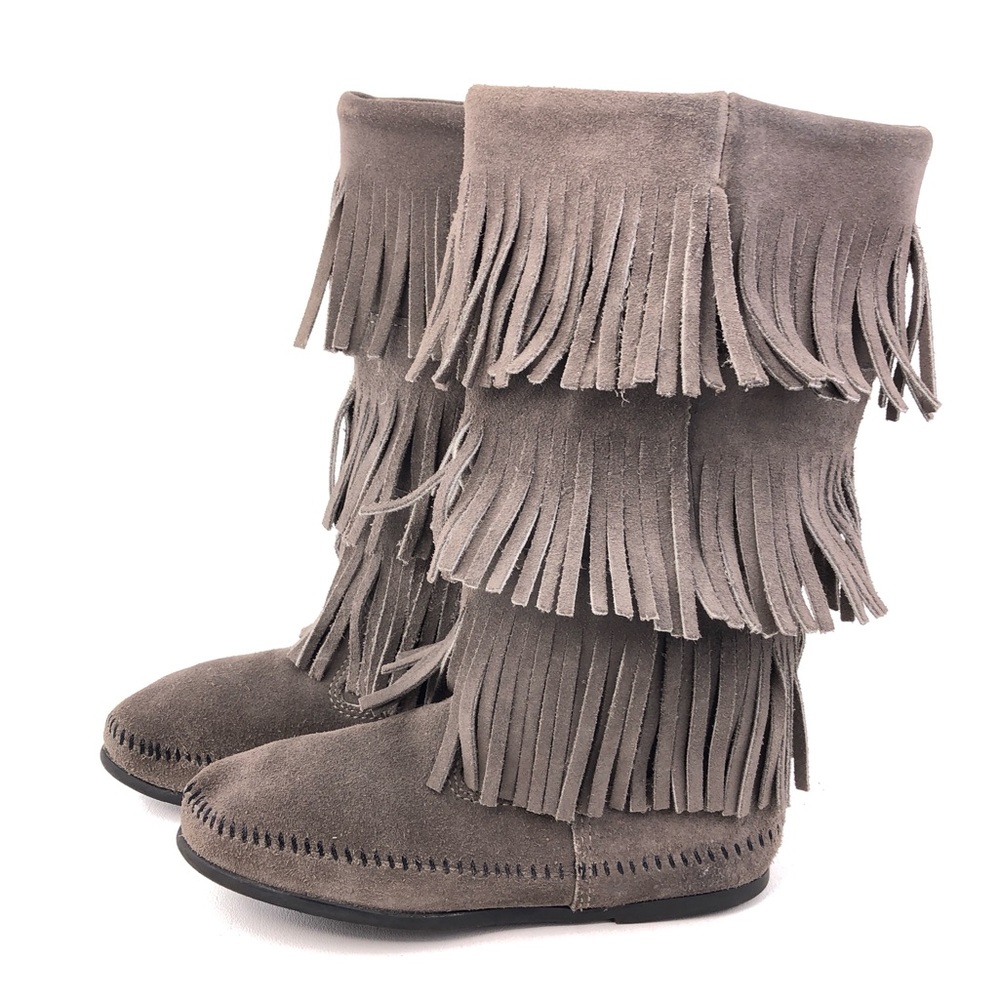 Minnetonka Gray Suede 3-Layer Fringe Moccasin Boo… - image 2